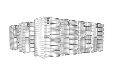 Hardware equipment telecommunication server. Data center storage room object. Computer database tower. Internet industry cluster. Wireframe low poly mesh vector illustration