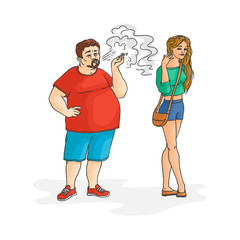 Obese adult overweight man smoking, female character, woman irritated standing fanning herself with arm. Nicotine addiction, passive tobacco smoking risk concept. Isolated sketch vector illustration