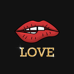 Illustration with red lips and golden inscription love. Womens day, 14 february or world kissing day