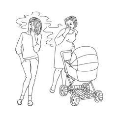 Blonde girl in jeans smoking near annoyed mother with baby stroller. Female caucasian characters, nicotine addiction and passive tobacco smoking risk concept. Vector monochrome sketch illustration
