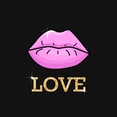 Illustration with pink lips and golden inscription love. Womens day, 14 february or world kissing day