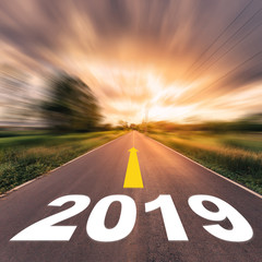 Empty asphalt road and New year 2019 concept. Driving on an empty road to Goals 2019.