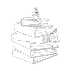 Vector hand drawn adult smiling man, woman in casual clothing sitting at pile of book reading textbook. Isolated illustration white background. Education library related design Monochrome illustration