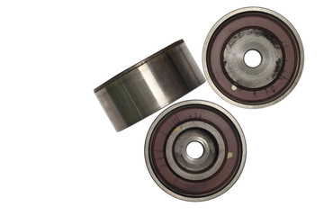 Used part and tool Idler Pulley in the car for in with Tensioner Control rod on isolate white background and clipping path.
