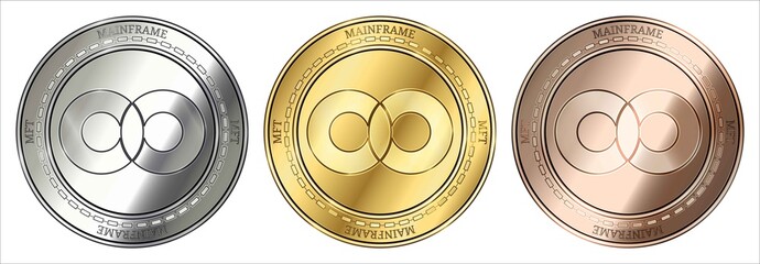 Gold, silver and bronze Mainframe (MFT) cryptocurrency coin.  coin set.