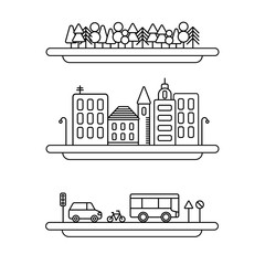 Obraz premium Linear landscape elements vector icons set. Line trees,vector cityscape collection,road set