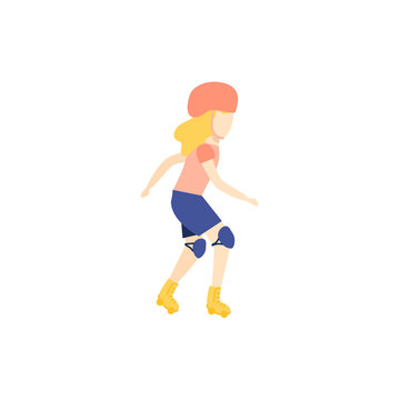 Vector flat girl teen kid, child roller skating in protective equipment, helmet. Active lifestyle female character, having fun doing sport. Isolated illustration, white background.