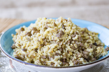 Turkish foods; green lentil with bulgur food pilav (yesil mercimekli bulgur pilavi)