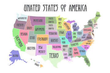 Colored Poster map of United States of America with state names. Black and white print map of USA for t-shirt, poster or geographic themes. Hand-drawn font and white map with states. Algorithm binary