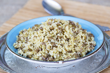 Turkish foods; green lentil with bulgur food pilav (yesil mercimekli bulgur pilavi)