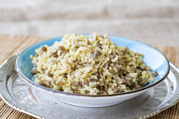 Turkish foods; green lentil with bulgur food pilav (yesil mercimekli bulgur pilavi)