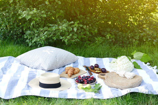 Picnic Instagram Style Food Fruit Bakery Berries Green Grass Summer Time Rest Background Sunlight