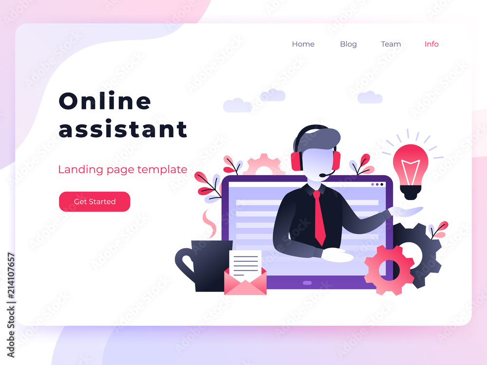 Poster landing page template customer and operator, online technical support 24-7 for web page. vector illu