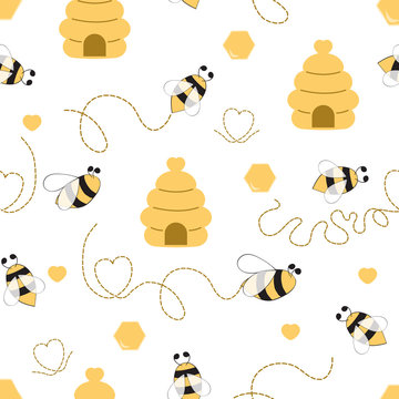 Seamless Pattern With Bee Honey Bee Hive In Vector Cartoon Children Style Yellow