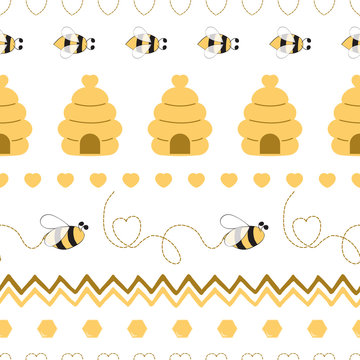 Seamless Pattern With Bee Honey Bee Hive In Vector Cartoon Children Style Yellow Geometric
