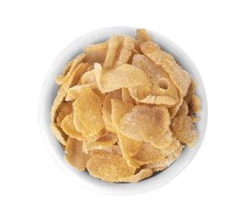 Breakfast cereal cornflakes in white ceramic bowl isolated on white background