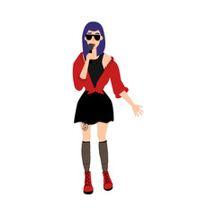 Young woman singing at microphone. Rock music, culture people set. Heavy metal, punk rock style clothing, haircut female character. Isolated illustration, white background