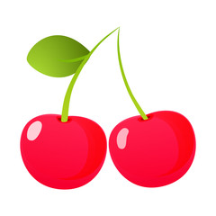 Bright red cherries white background. Cartoon style. Vector illustration.