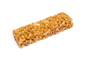 Tasty protein bar isolated on white background