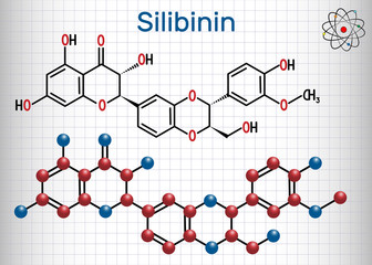 Silibinin ( silybin) molecule.  Structural chemical formula.  Sheet of paper in a cage