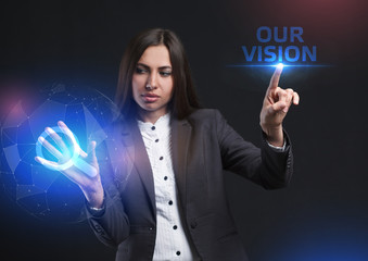 The concept of business, technology, the Internet and the network. A young entrepreneur working on a virtual screen of the future and sees the inscription: Our vision