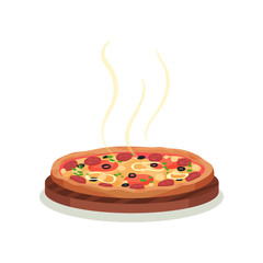 Traditional Italian pizza on wooden board. Delicious fast food. Culinary theme. Flat vector for promo flyer or poster of pizzeria
