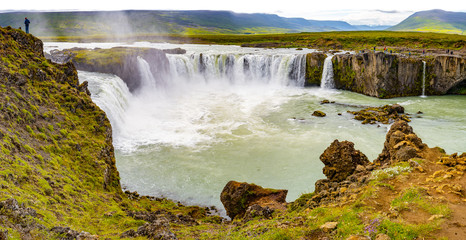 Panoramic view of beautiful, high and huge Godafoss waterfall on North Iceland