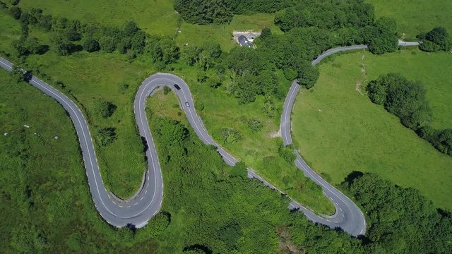 Ireland, Aerial top down view of corkscrew road, The Burren 