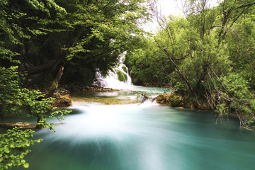 Obraz premium Plitvice Lakes National Park lies at an altitude of 500 - 640 m, in the Lika area. It is a system of 16 lakes, connected by waterfalls and cascades.