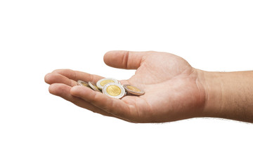 Coins in Hand Isolated on White Background, Egyptian Pounds - obrazy, fototapety, plakaty