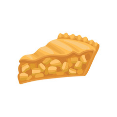 Slice of delicious charlotte pie. Freshly baked apple cake. Tasty bakery product. Flat vector for cafe menu or poster of pastry shop
