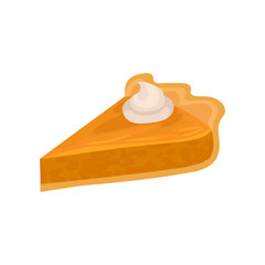Triangular slice of pumpkin pie with whipped cream on top. Traditional dessert of American cuisine. Sweet food. Flat vector icon