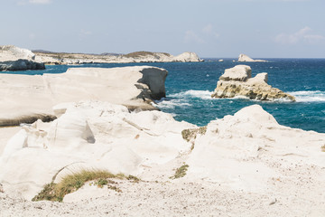 Sarakiniko beach lunar landscape in Milos, Cyclades Islands, Aegean Sea, Greece