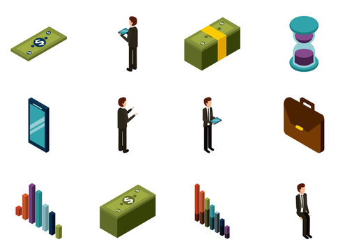 Green Business Finance Money Banking Isometric Icons Set