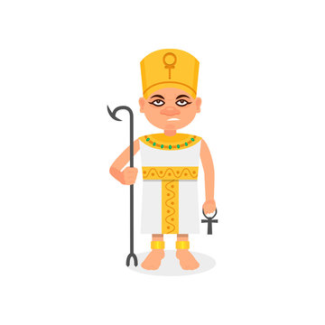 Egyptian pharaoh with scepter and ankh cross in hands. Cartoon character of man in traditional costume and headdress. Flat vector icon
