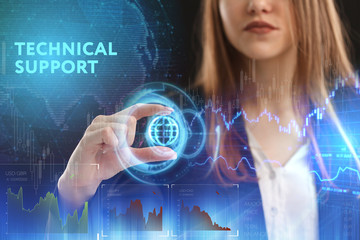 The concept of business, technology, the Internet and the network. A young entrepreneur working on a virtual screen of the future and sees the inscription: Technical support