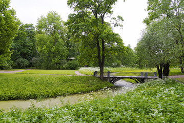 Stone bridge with an arch across the stream in the summer Park.