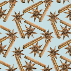Cinnamon and star anise. Seamless pattern. Winter spice. Hand drawn watercolor illustration.