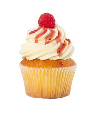 Cupcake with fresh raspberry and syrup isolated on white