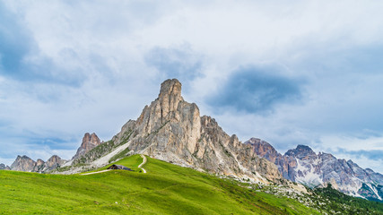 Nuvolau massif in Dolomiti, Italy. View from Passo Giau over mount Ra Gusela, South Tirol,...