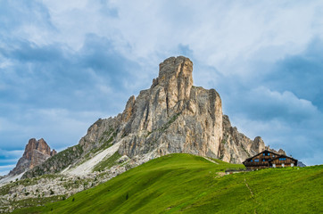 Nuvolau massif in Dolomiti, Italy. View from Passo Giau over mount Ra Gusela, South Tirol, dolomites mountains, Alto Adige