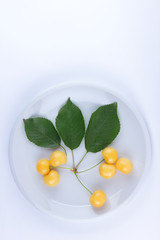 Yellow cherries with green leaves on a white plate, fresh cherries on a white background, yellow berries in minimalism style, vegetarian food, blank for designer, isolated