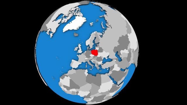 Poland coming forward towards camera on gently rotating political globe. 3D animation.
