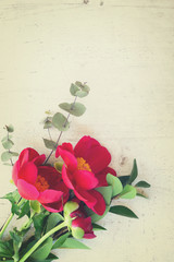 Fresh red peony flowers with leaves on white wooden background with copy space, retro toned