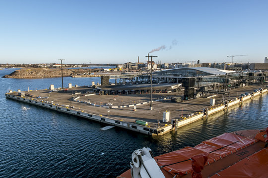 View of the West terminal of Helsinki from the deck of the arriving ferry.