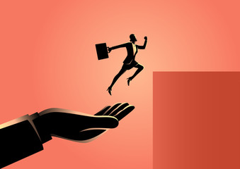 Hand helping a businesswoman to jump higher