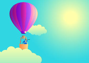 Obraz premium Businessman on air balloon using telescope