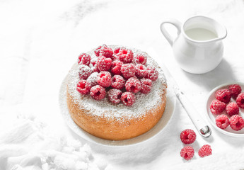 Simple sponge cake with powdered sugar and fresh raspberries on a light background. Summer berry dessert. Flat lay