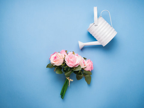 Fototapeta Minimal flat lay with watering concept on blue pastel background. Pink flowers