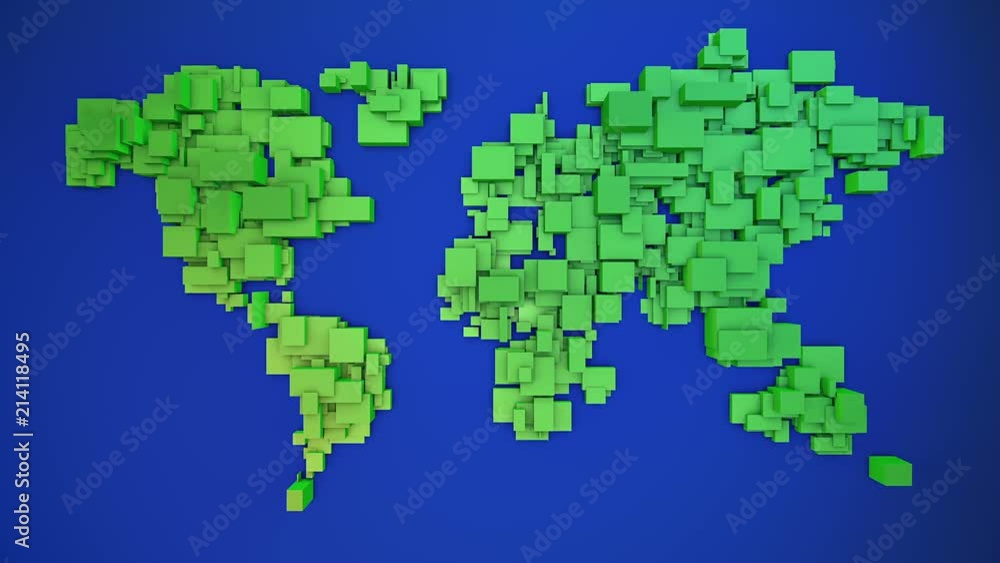 Poster world map formed by scaling 3d cubes background loop